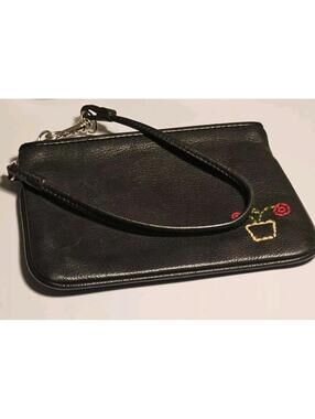 Fossil Flower Pot Embroidered Black Leather Wristlet Zipper Bag Strap Vintage